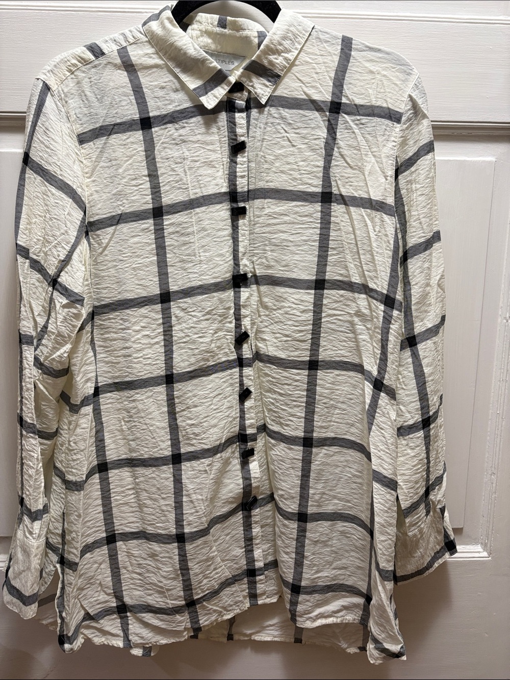 Multiples Cream Button-Down Shirt with Gray Windowpane Plaid
